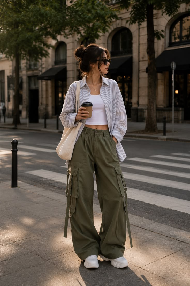 Cargo pants styled with bold graphic tee for a streetwear statement look in 2026