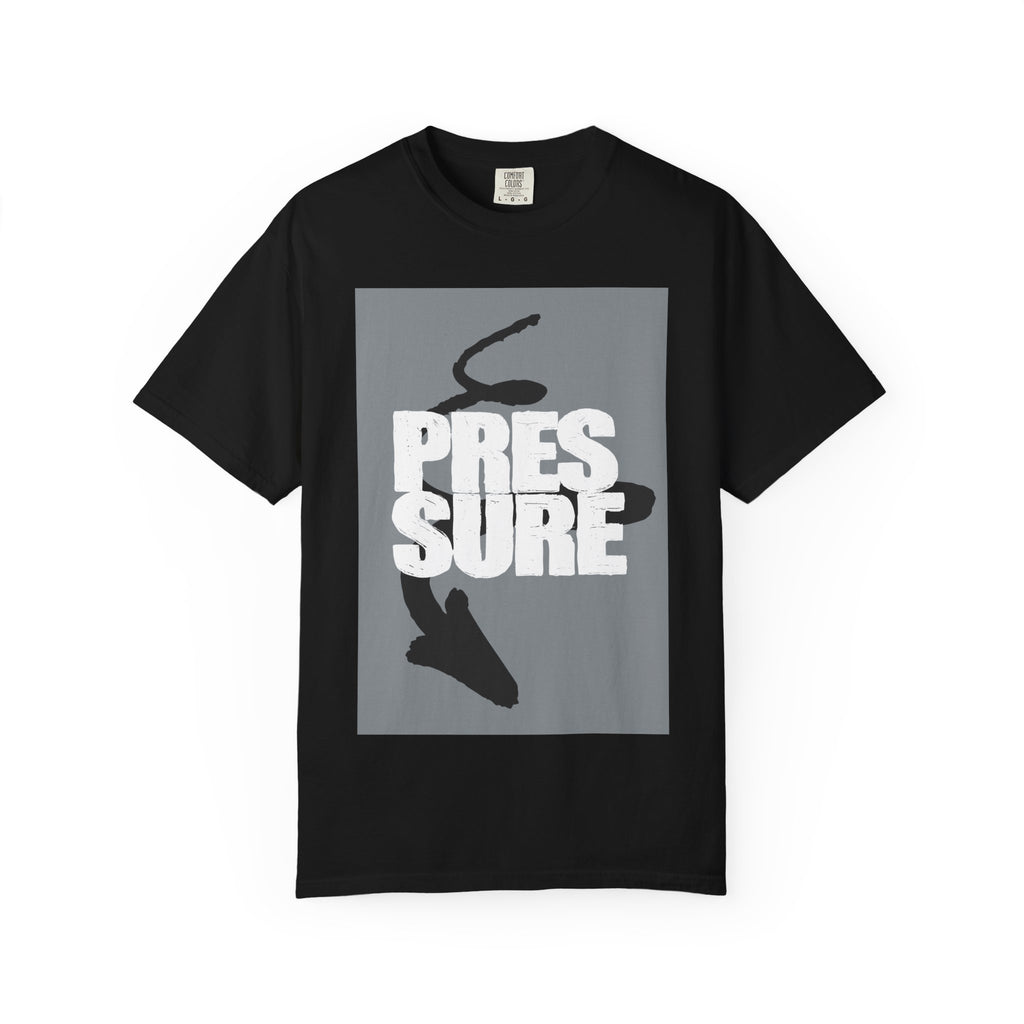 Pressure Graphic T-Shirt — Bold Text & Abstract Ink Illustration
