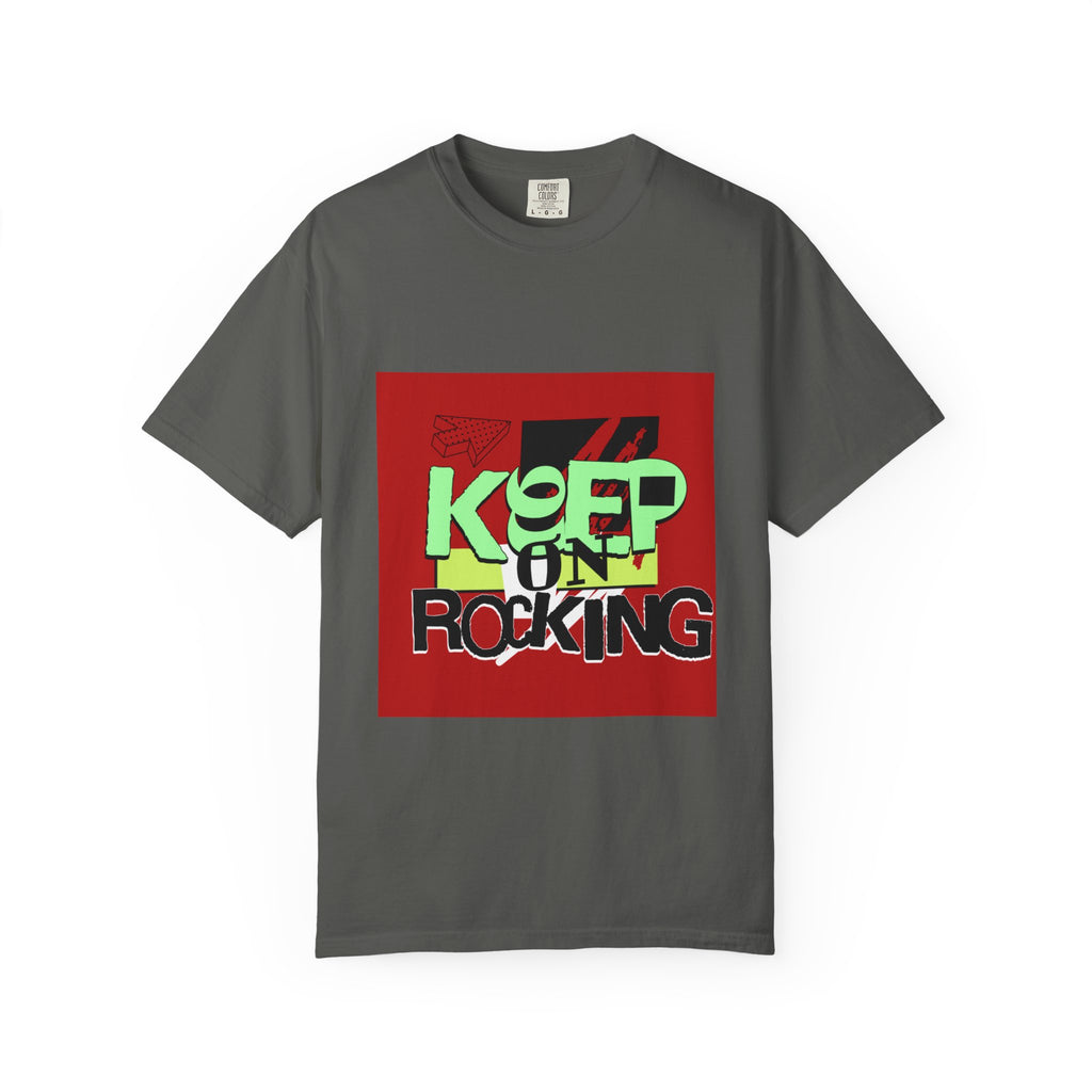 Keep On Rocking T-shirt | Retro Graphic Tee, Neon Text Square Design