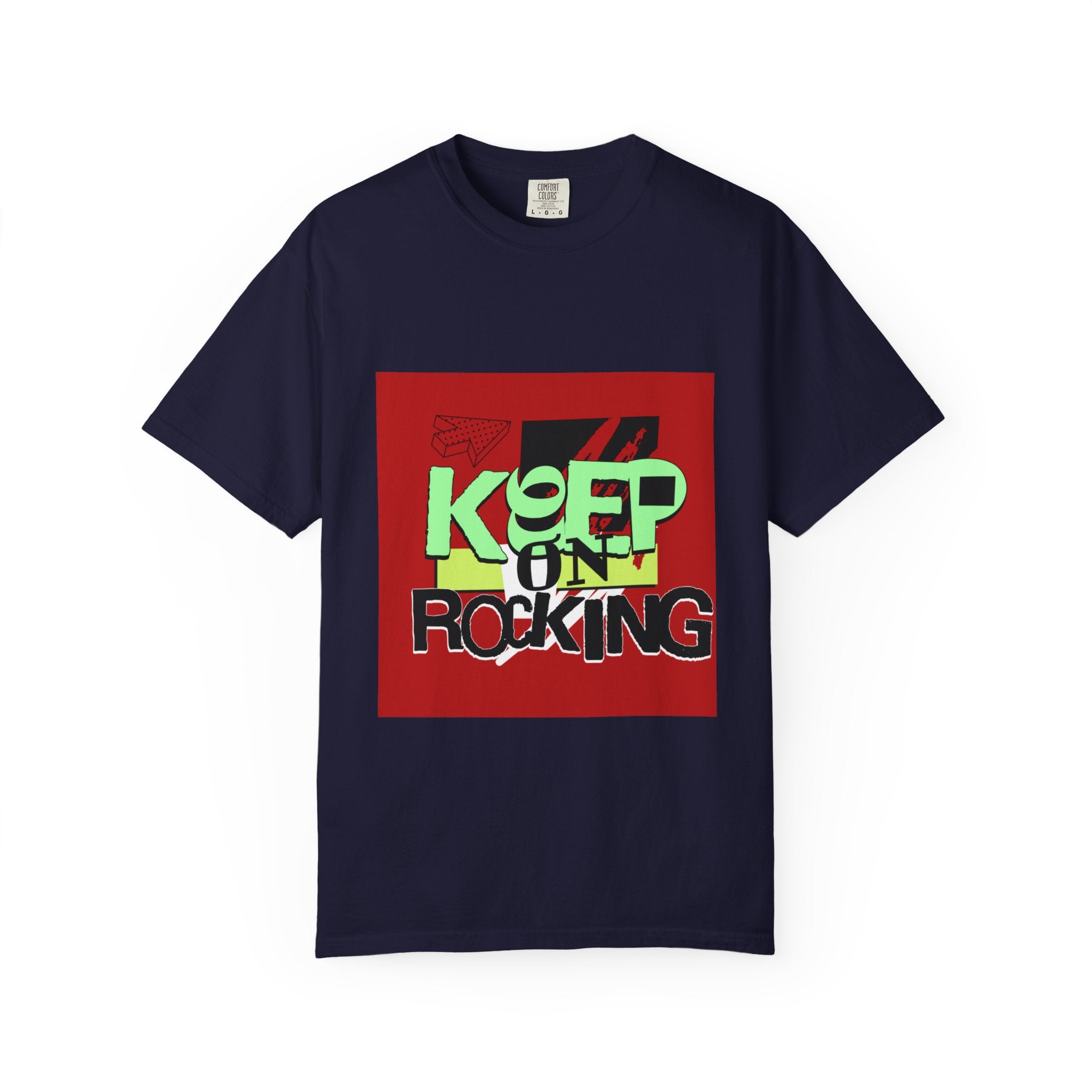 Keep On Rocking T-shirt | Retro Graphic Tee, Neon Text Square Design