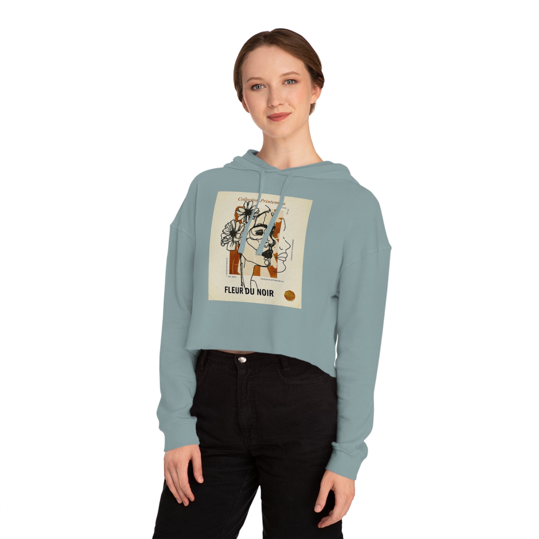 Cropped Hoodie — Fleur du Noir Floral Line Art Graphic,Lightweight Pullover Sweatshirt
