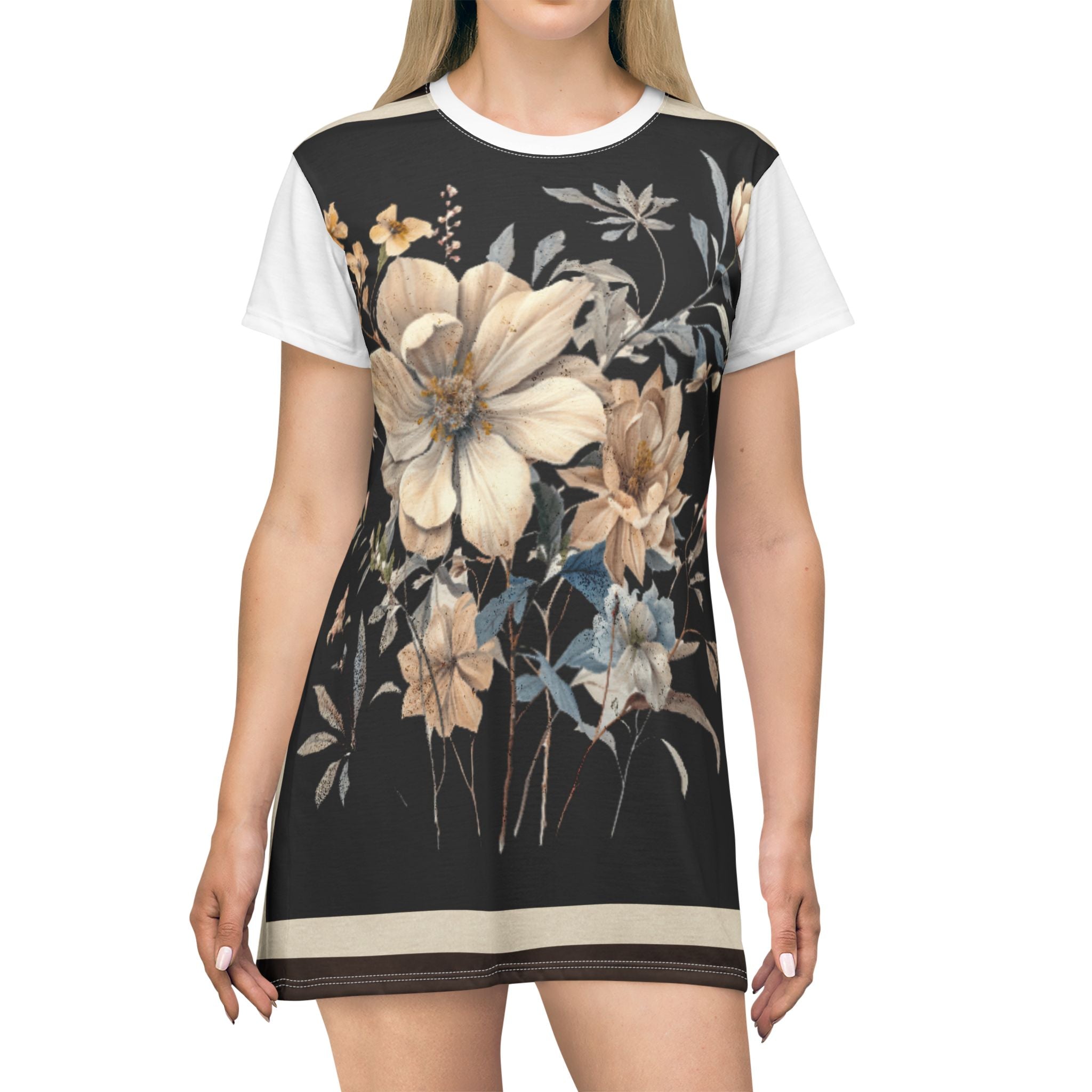 Floral Scarf Print T-Shirt Dress — Vintage Beige & Black Bouquet