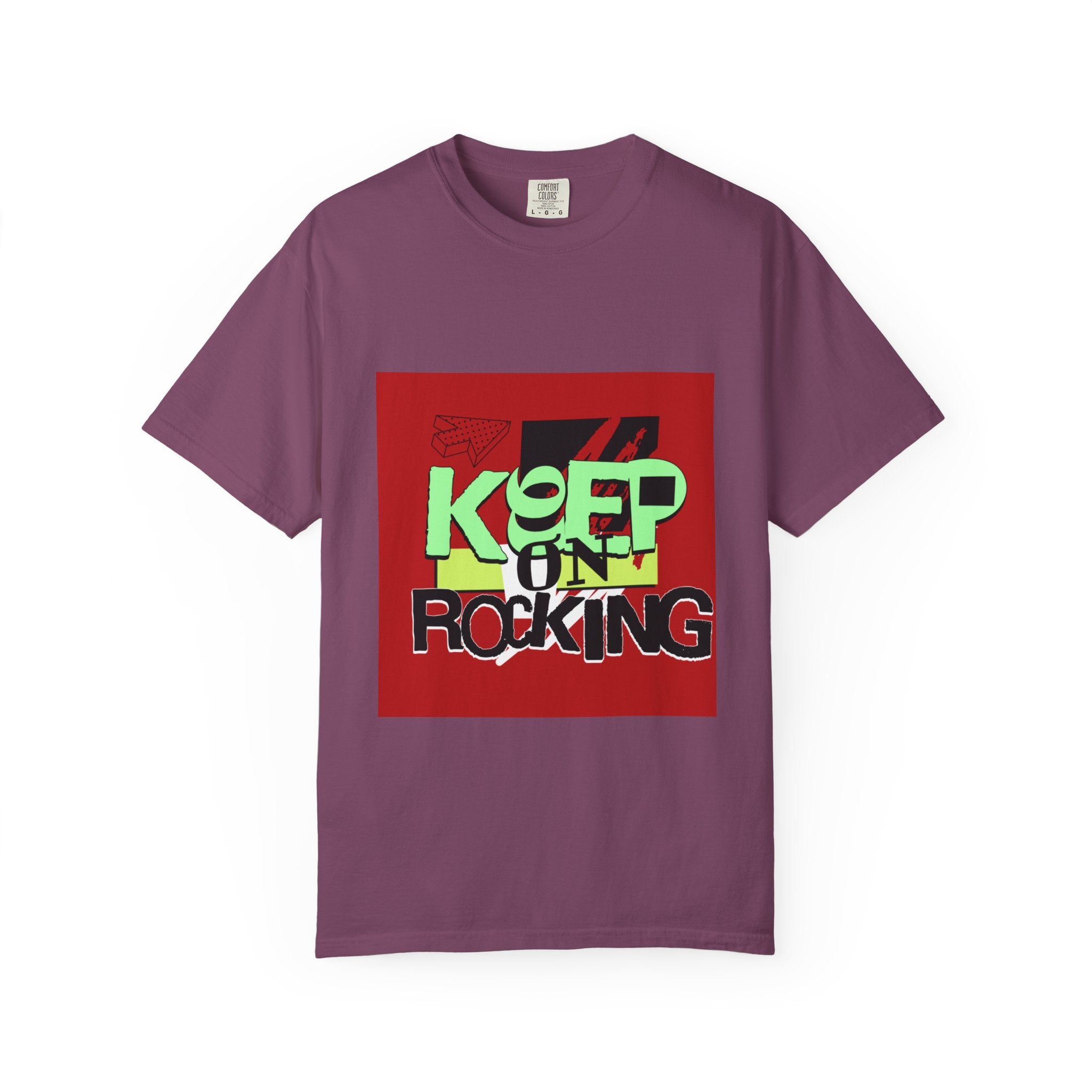 Keep On Rocking T-shirt | Retro Graphic Tee, Neon Text Square Design