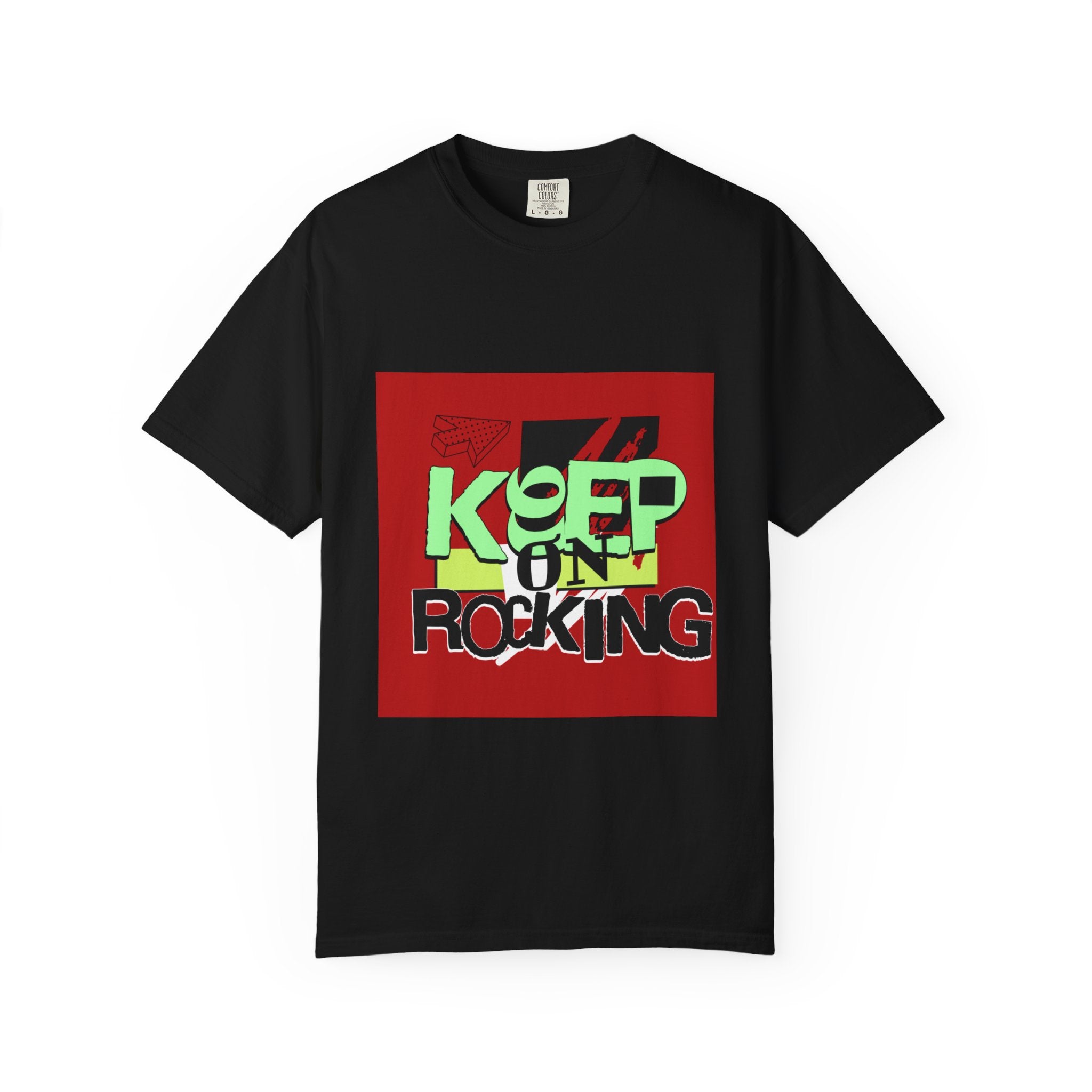 Keep On Rocking T-shirt | Retro Graphic Tee, Neon Text Square Design