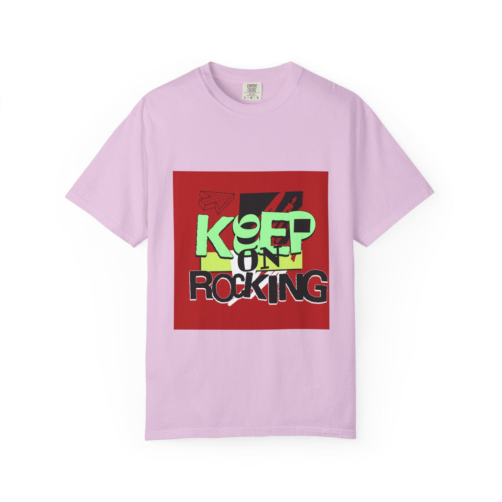 Keep On Rocking T-shirt | Retro Graphic Tee, Neon Text Square Design