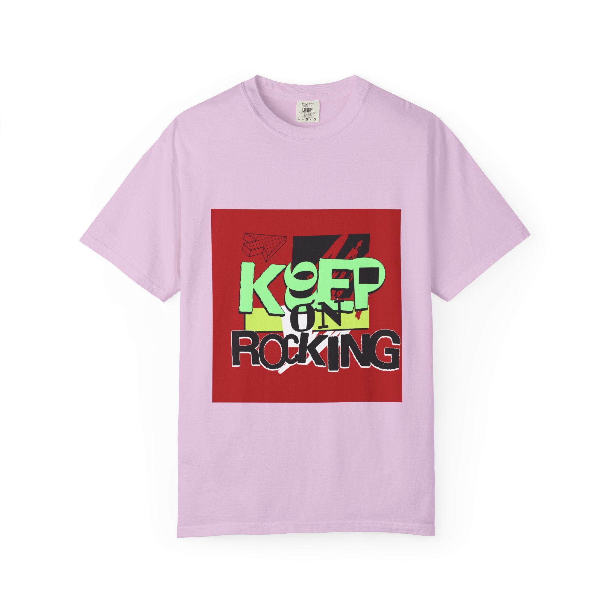 Keep On Rocking T-shirt | Retro Graphic Tee, Neon Text Square Design