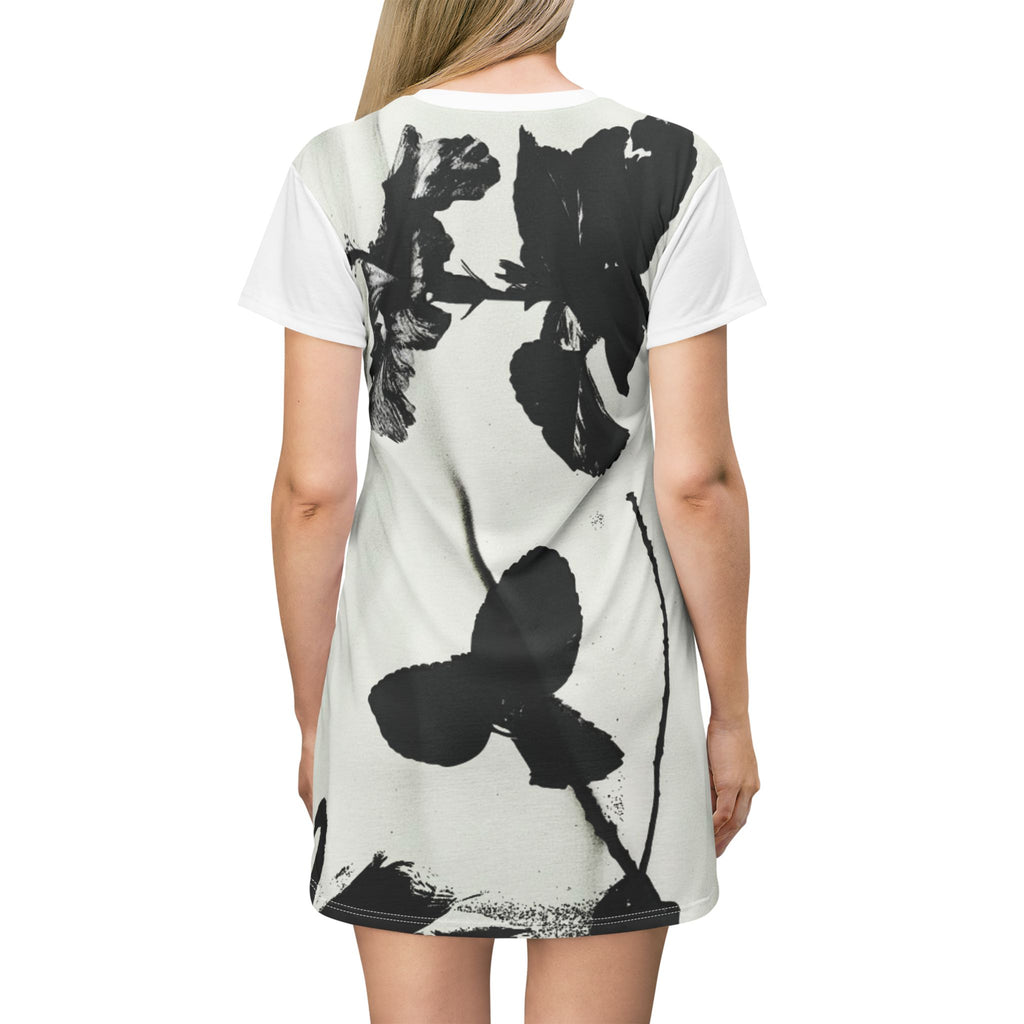 Monochrome Butterfly Floral T-Shirt Dress | Black White Botanical Print