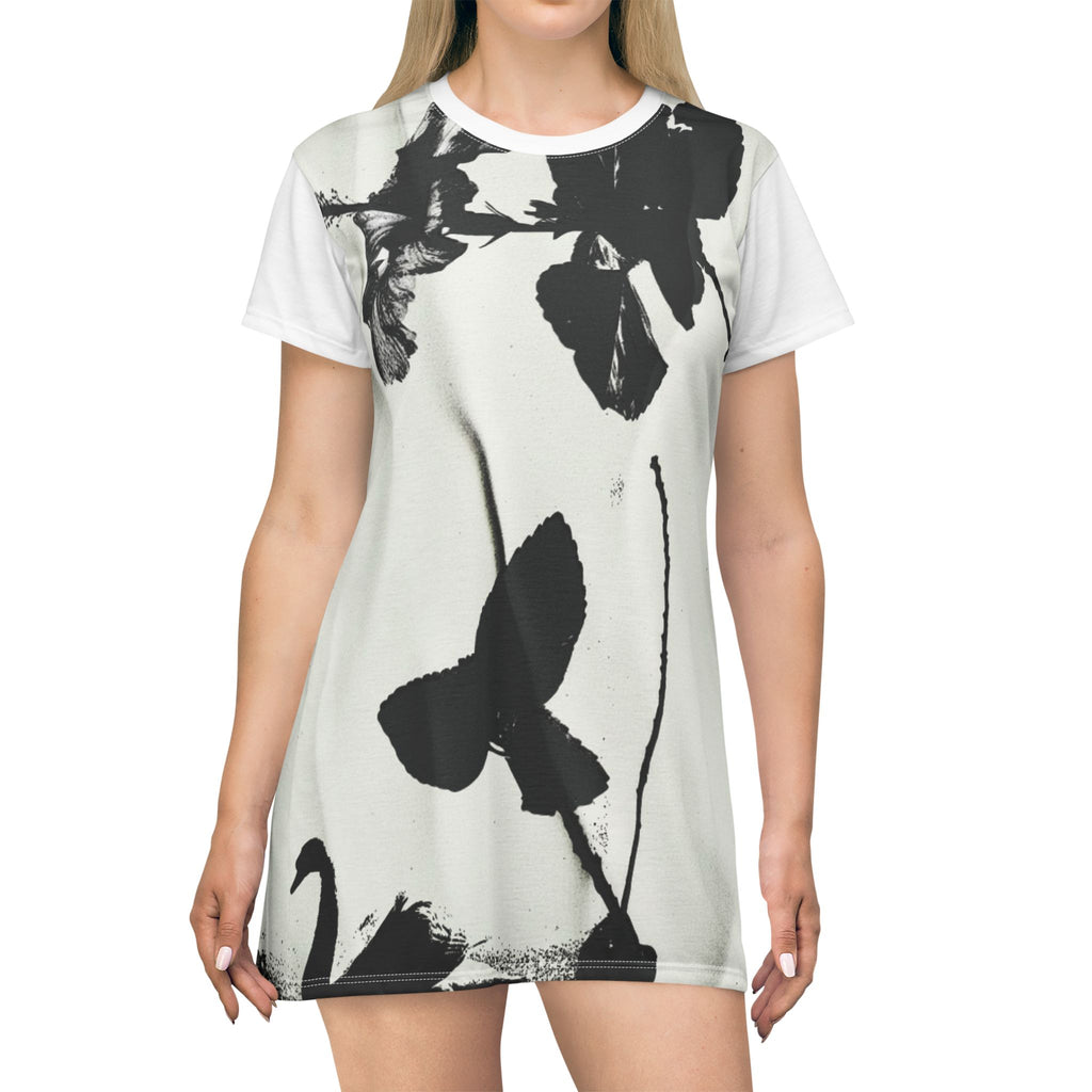 Monochrome Butterfly Floral T-Shirt Dress | Black White Botanical Print