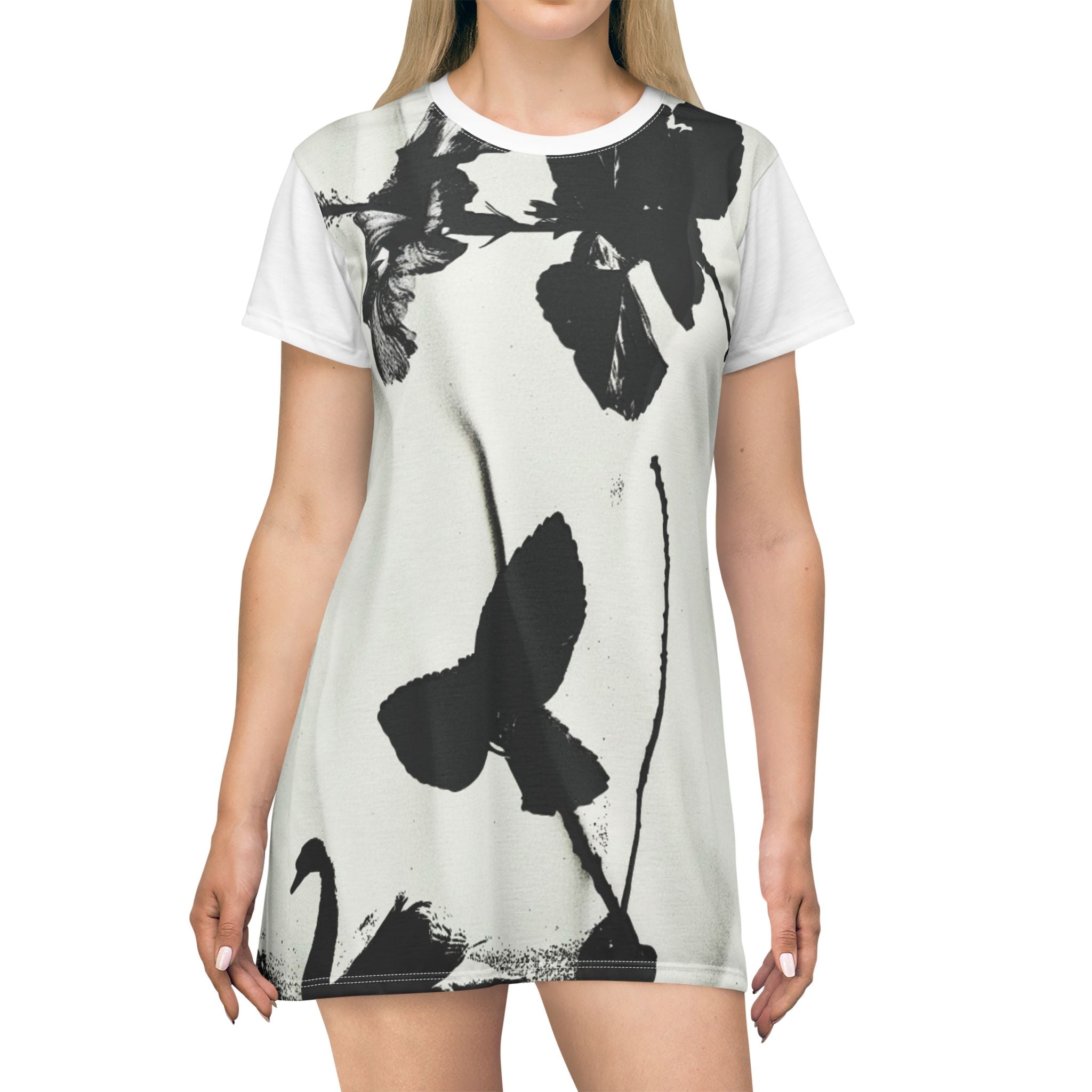 Monochrome Butterfly Floral T-Shirt Dress | Black White Botanical Print