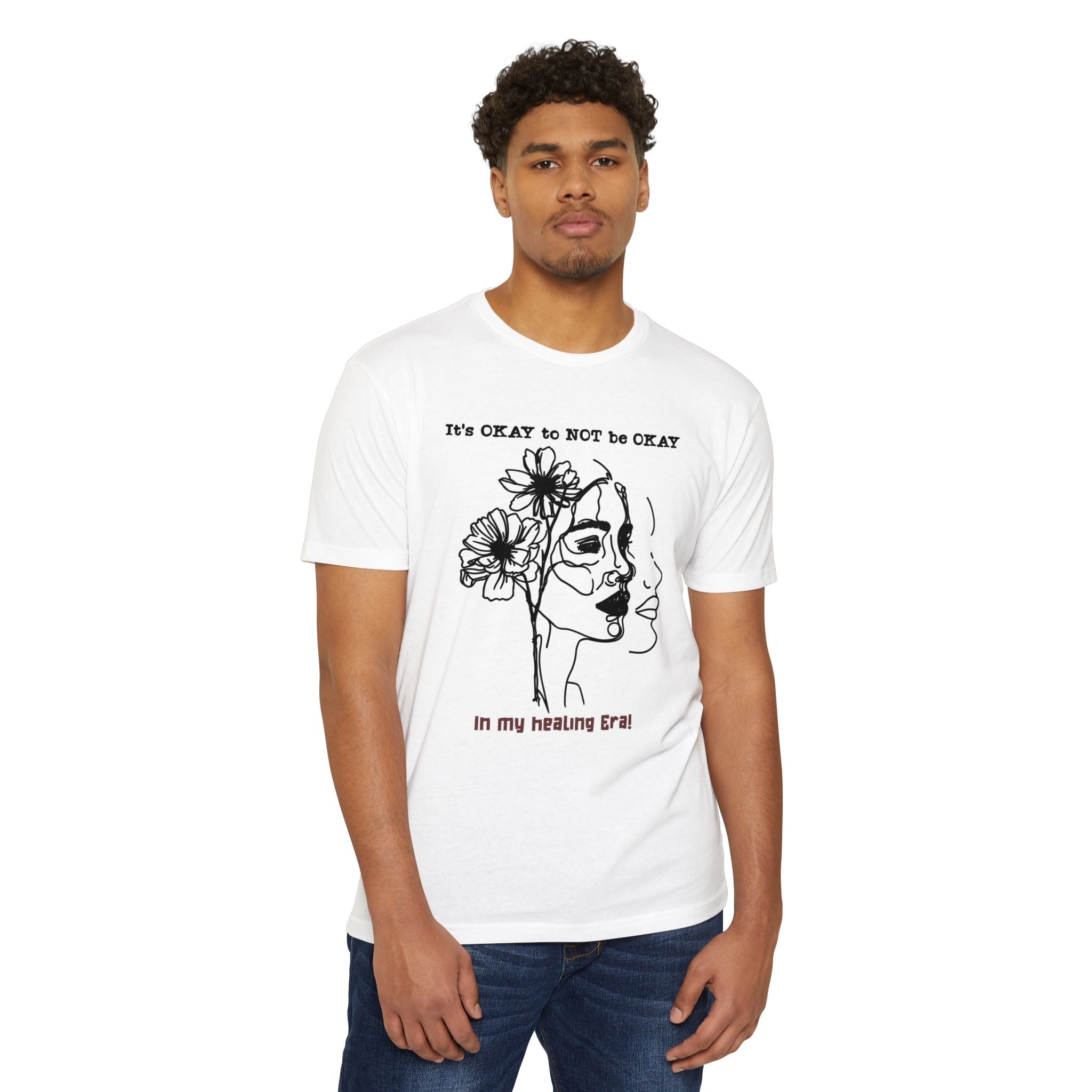 It's OKAY to NOT be OKAY line art face floral T-Shirt | mental health healing tee