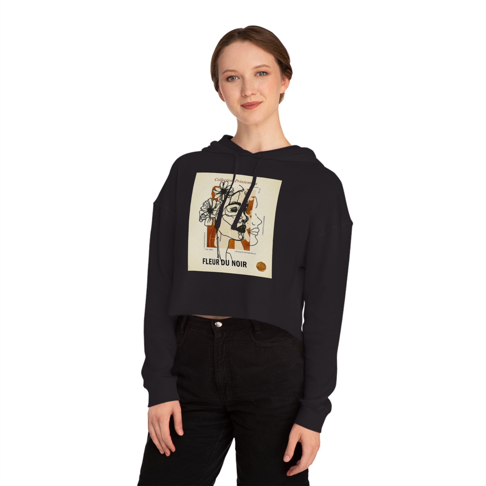 Cropped Hoodie — Fleur du Noir Floral Line Art Graphic,Lightweight Pullover Sweatshirt