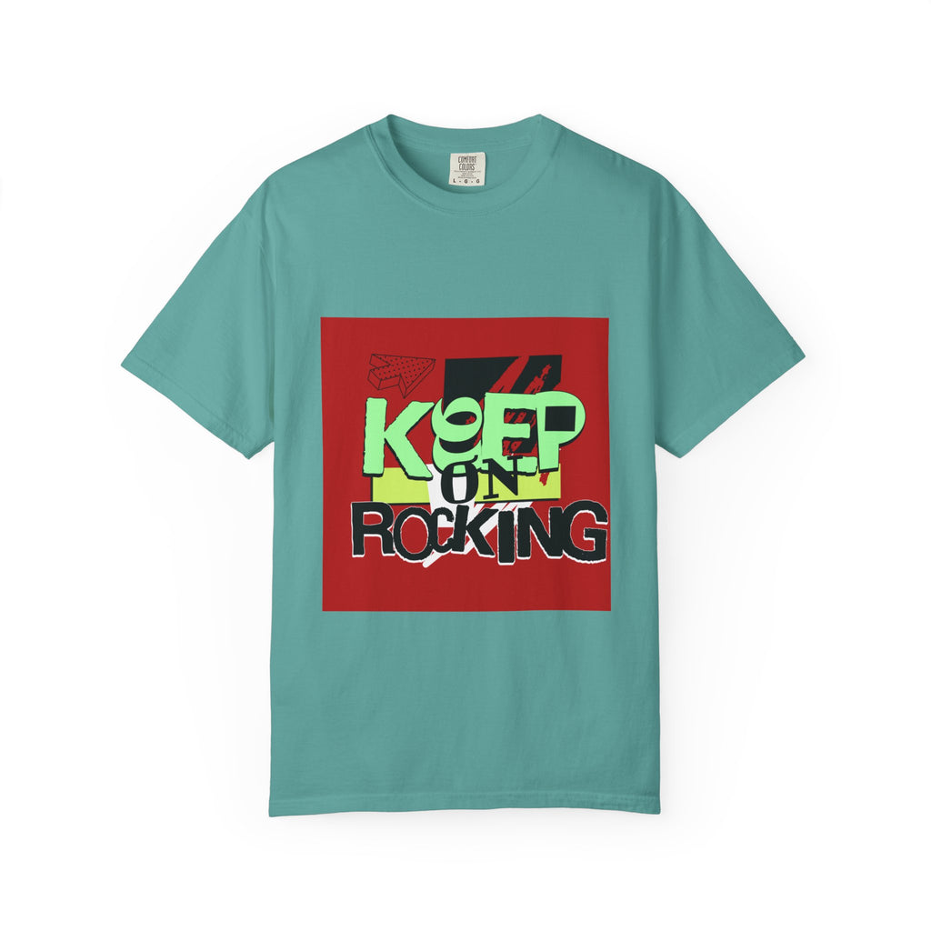 Keep On Rocking T-shirt | Retro Graphic Tee, Neon Text Square Design