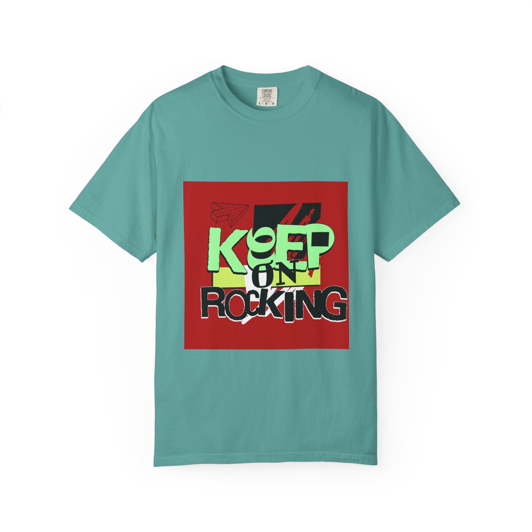 Keep On Rocking T-shirt | Retro Graphic Tee, Neon Text Square Design