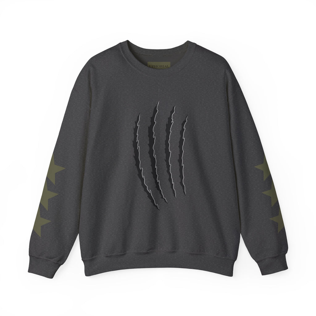 Crewneck Sweatshirt — Distressed Claw Marks & Star Sleeve Graphic