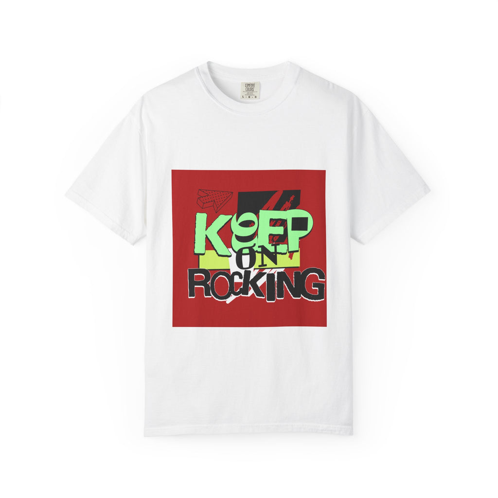 Keep On Rocking T-shirt | Retro Graphic Tee, Neon Text Square Design