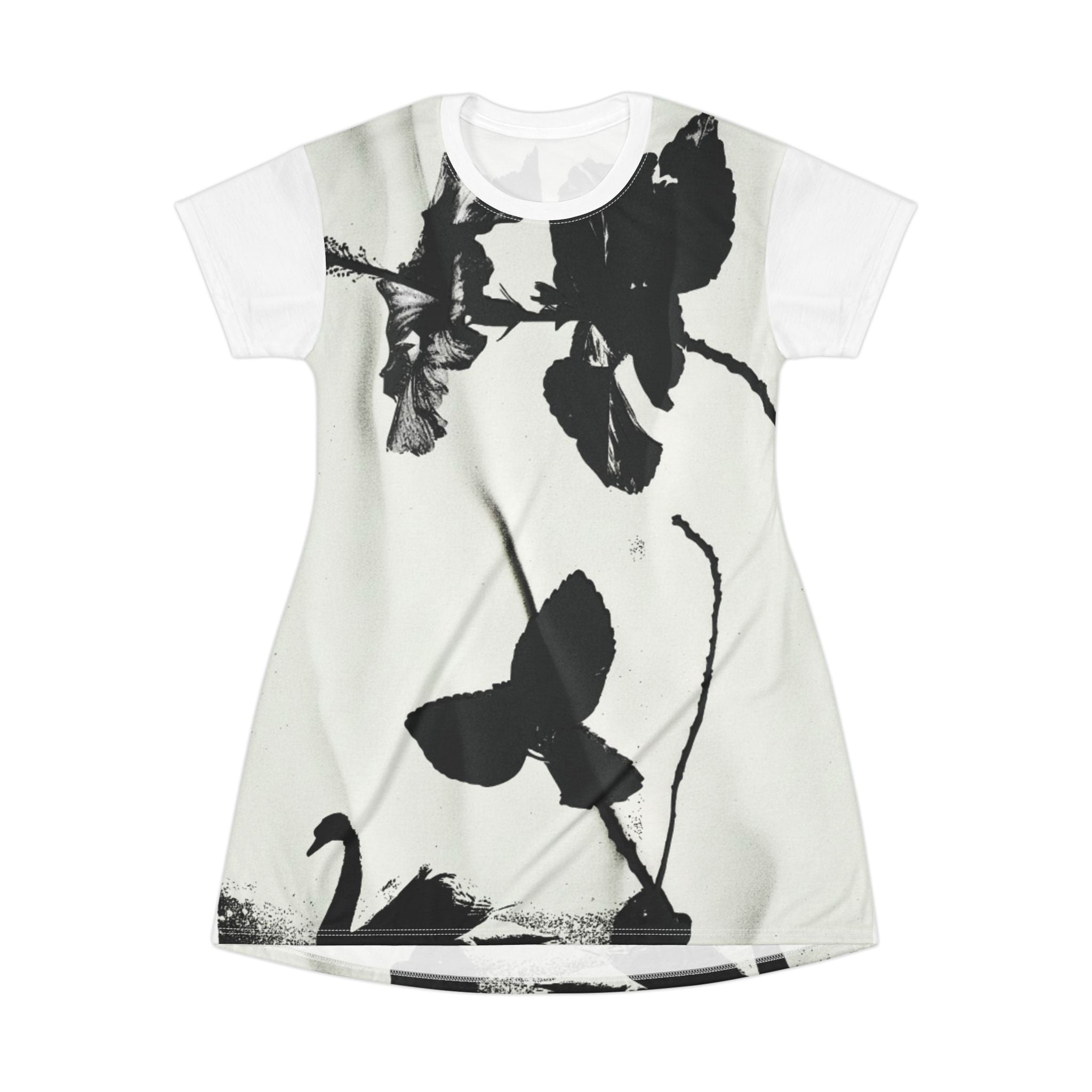 Monochrome Butterfly Floral T-Shirt Dress | Black White Botanical Print