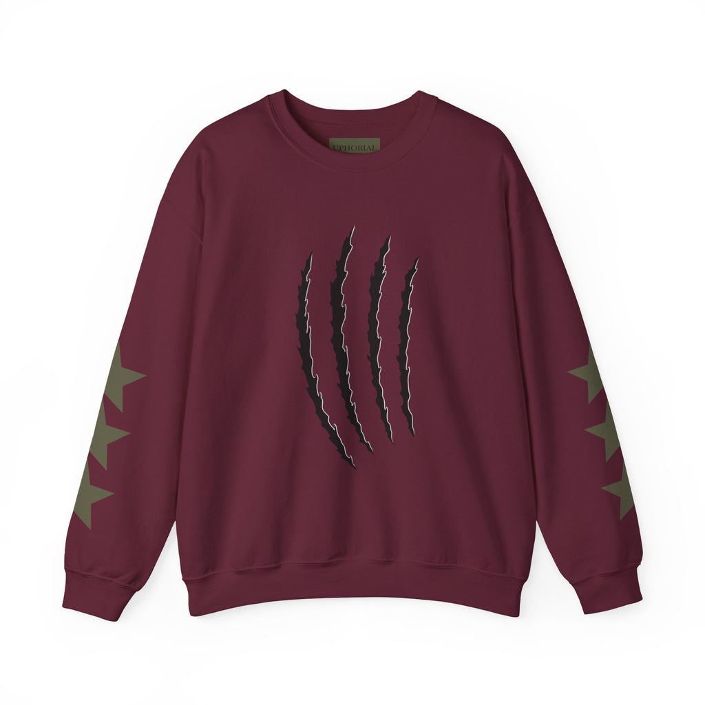 Crewneck Sweatshirt — Distressed Claw Marks & Star Sleeve Graphic