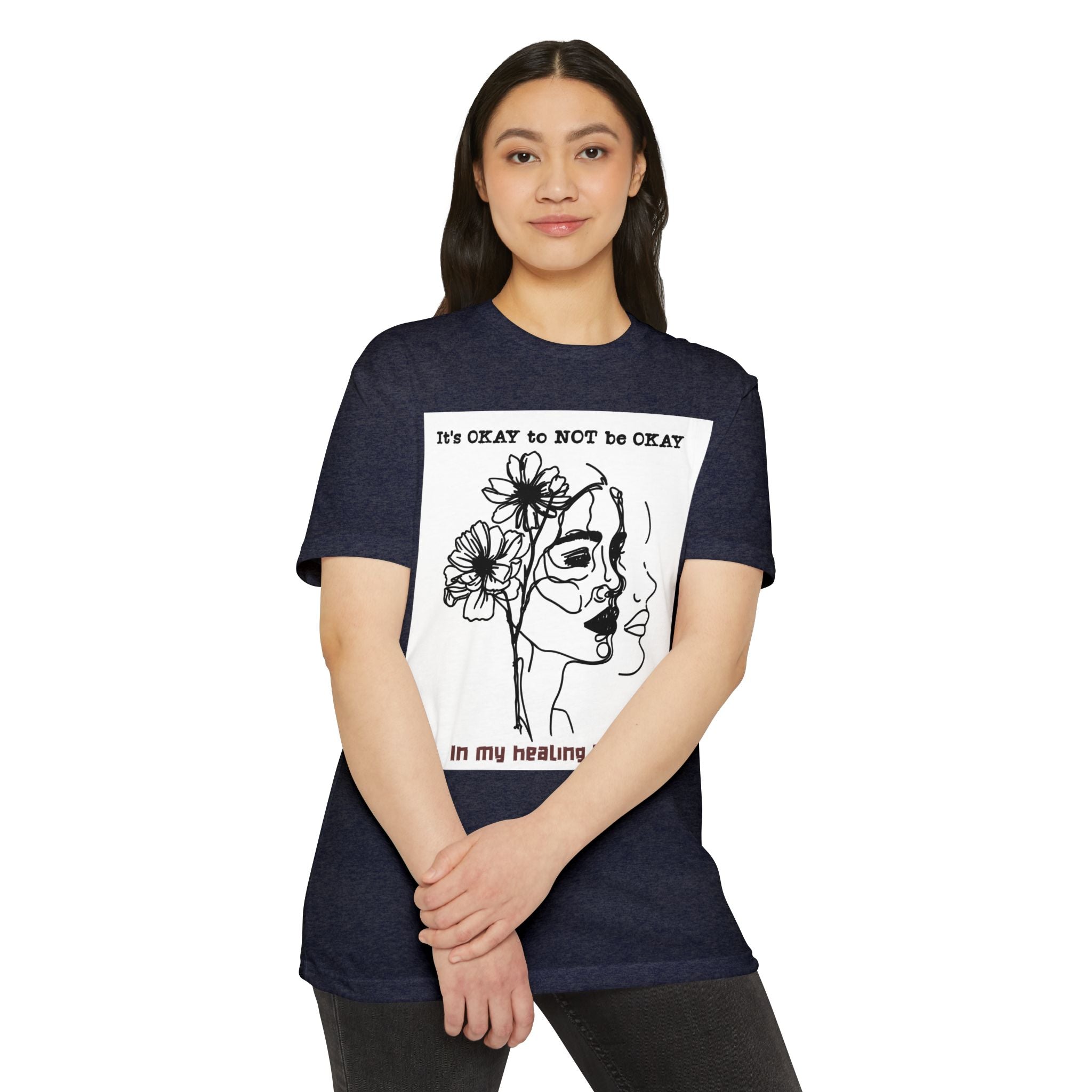 It's OKAY to NOT be OKAY line art face floral T-Shirt | mental health healing tee