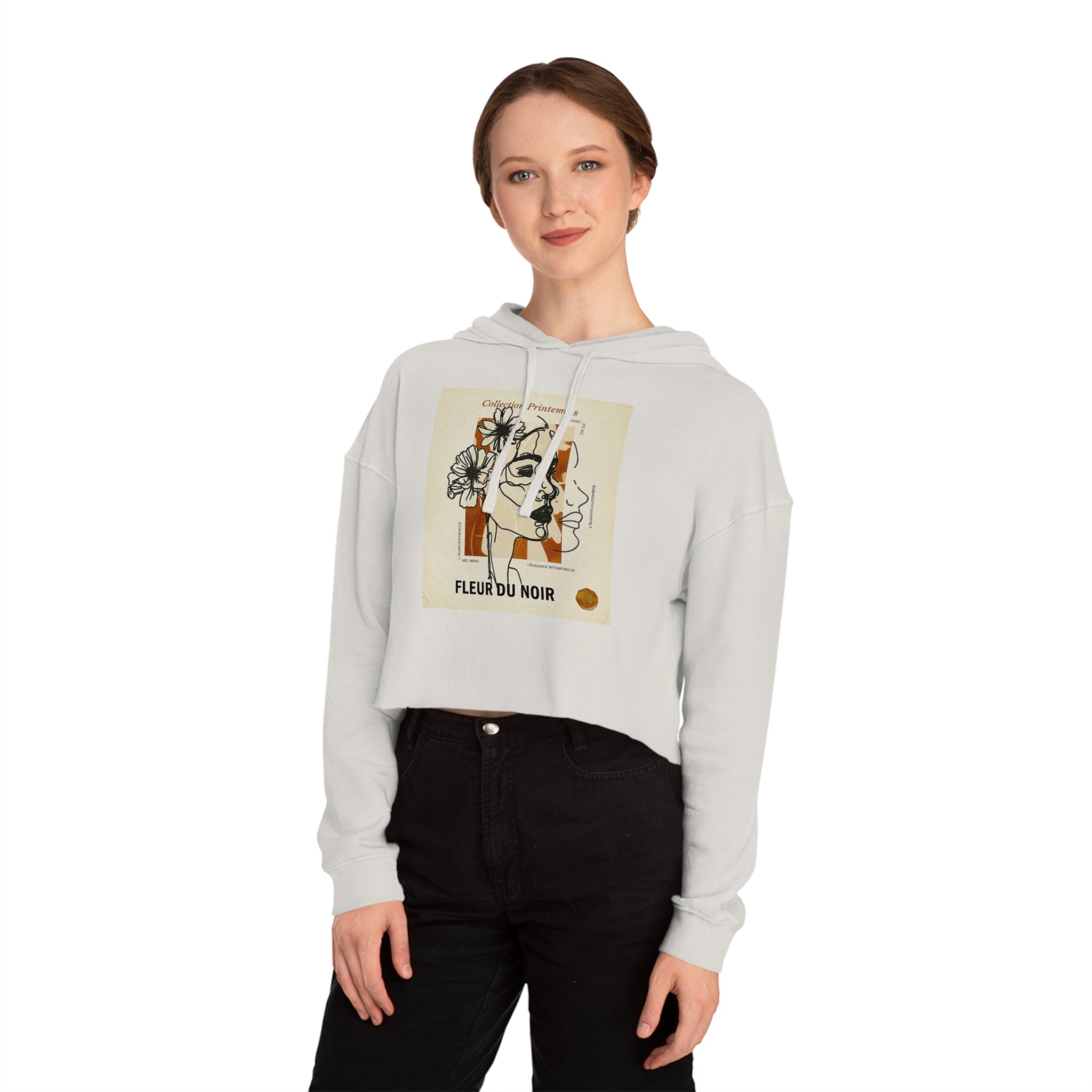 Cropped Hoodie — Fleur du Noir Floral Line Art Graphic,Lightweight Pullover Sweatshirt