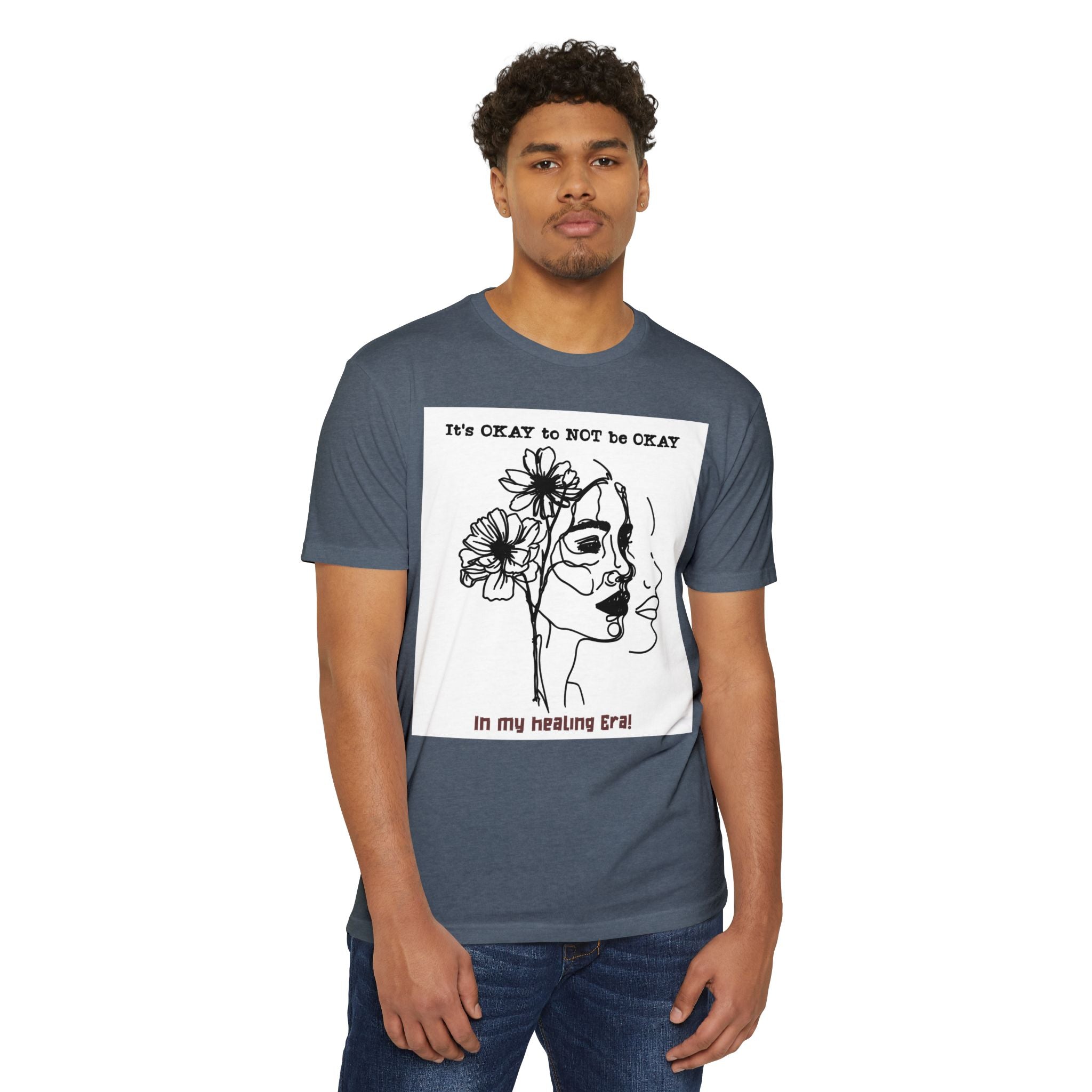 It's OKAY to NOT be OKAY line art face floral T-Shirt | mental health healing tee