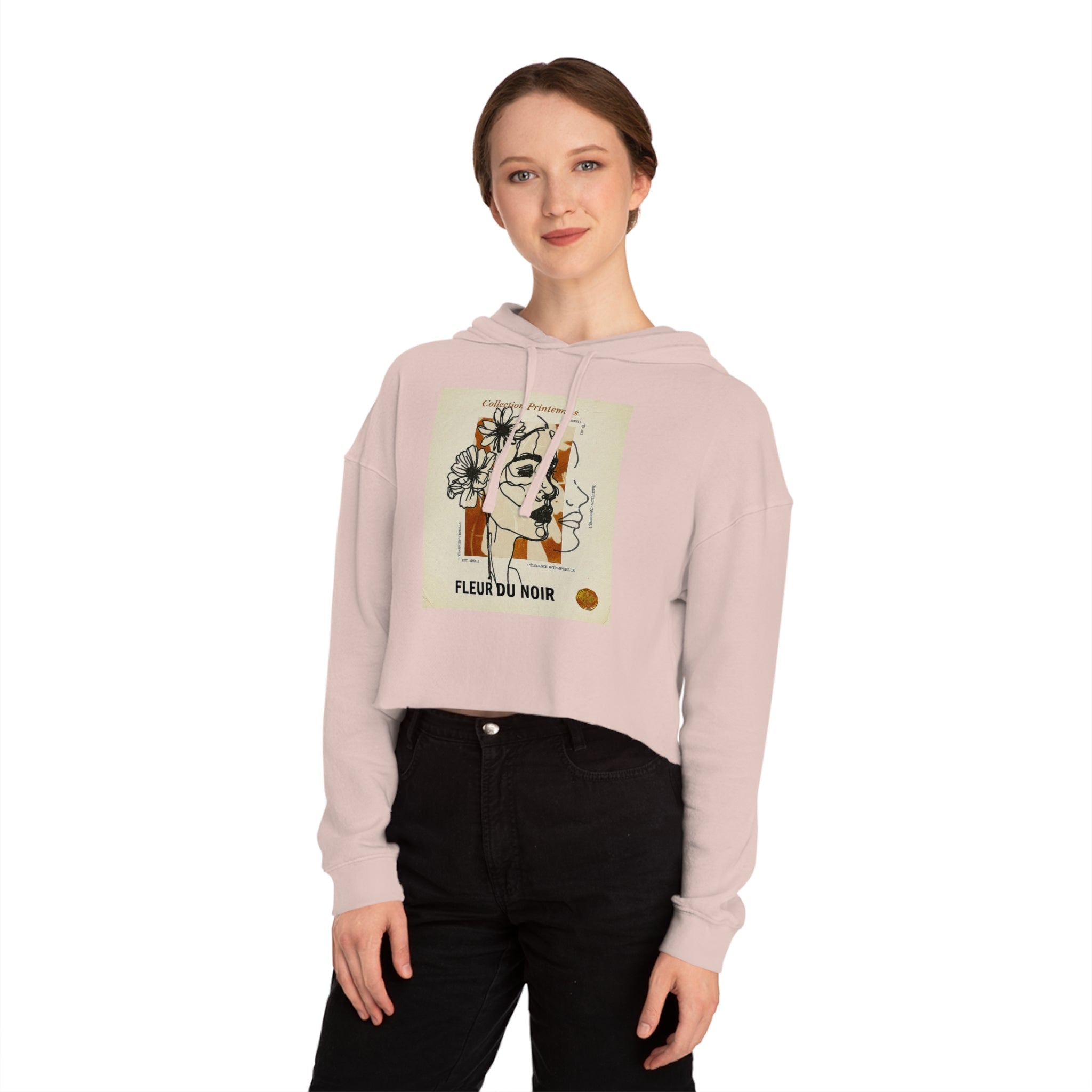 Cropped Hoodie — Fleur du Noir Floral Line Art Graphic,Lightweight Pullover Sweatshirt