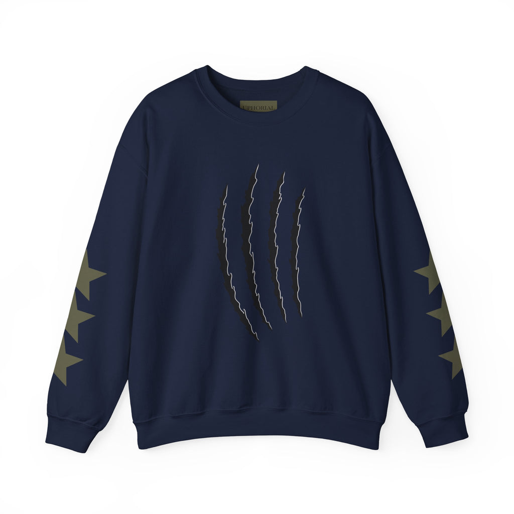 Crewneck Sweatshirt — Distressed Claw Marks & Star Sleeve Graphic