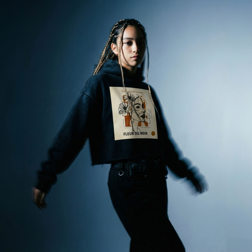 Cropped Hoodie — Fleur du Noir Floral Line Art Graphic,Lightweight Pullover Sweatshirt