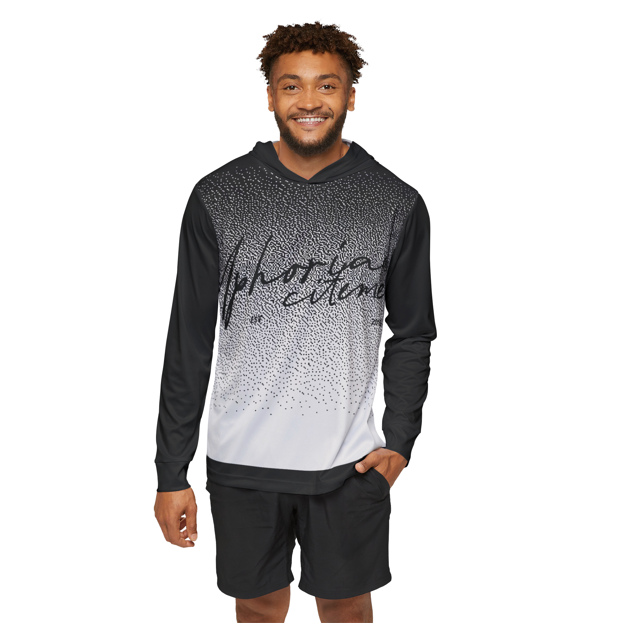 Uphorial Excitement script print Hoodie | Black Ombre Speckle Design