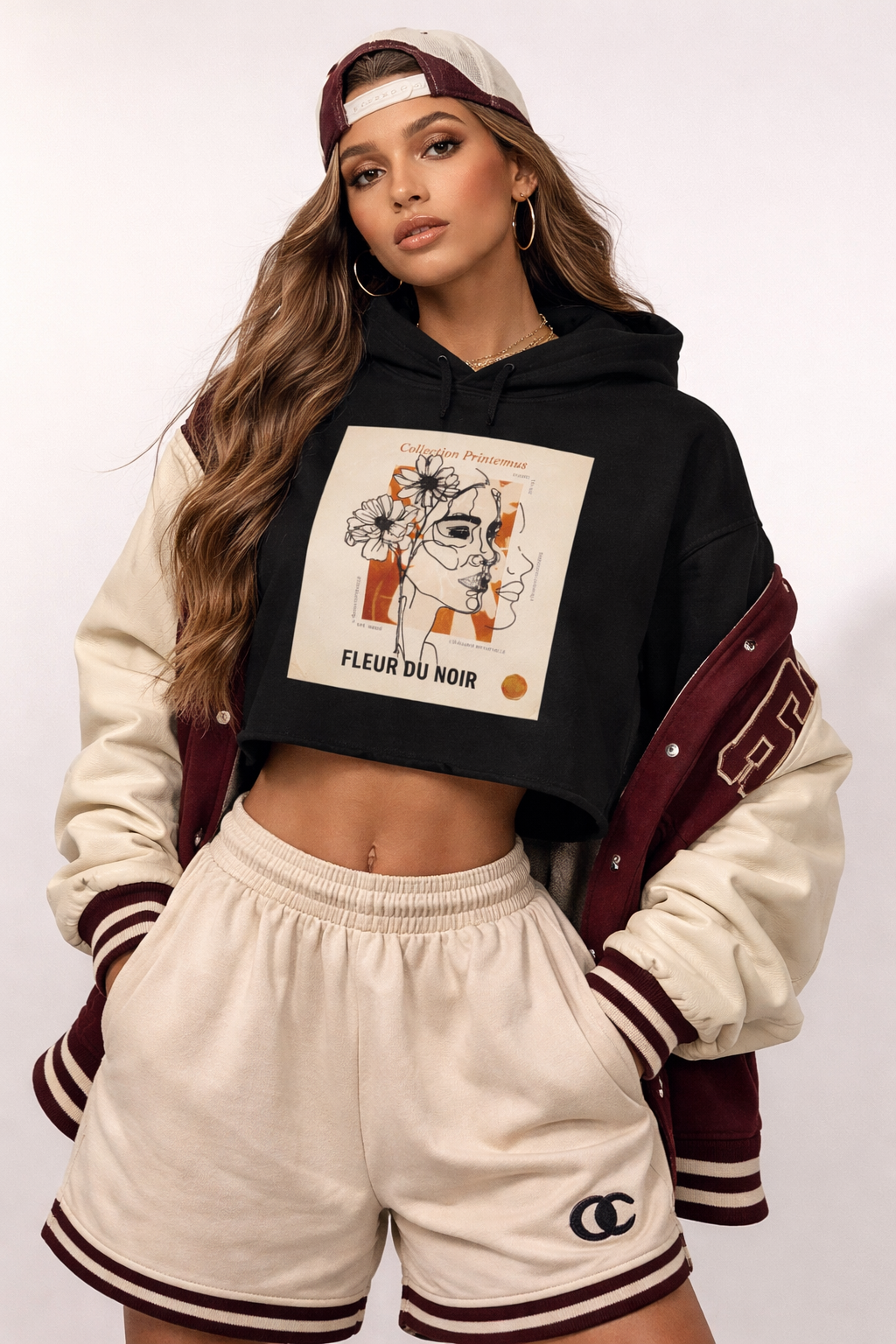 Cropped Hoodie — Fleur du Noir Floral Line Art Graphic,Lightweight Pullover Sweatshirt